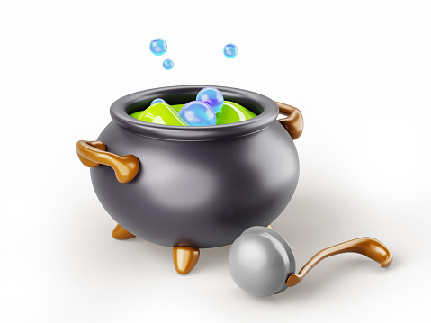 3d black cauldron with green boiling magic potions, poison or love elixir. Old witch boiler pot with scary liquid, water bubbles and ladle. Cartoon render set isolated on background. 3D illustration
