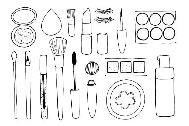 Vector illustration of Set of items for makeup. Vector doodle illustration of makeup accessories. Eye shadow, lipstick, foundation, powder. Black and white contour drawing of isolated Decorative cosmetics.