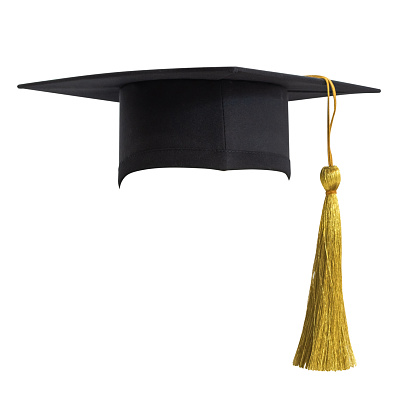 The back image of the graduates wearing a yellow tassel hat.
