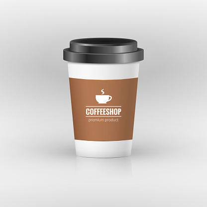 Coffee paper cup set with label. Brown plastic container for drink. Latte, mocha or cappuccino cup for cafe. Vector cover.