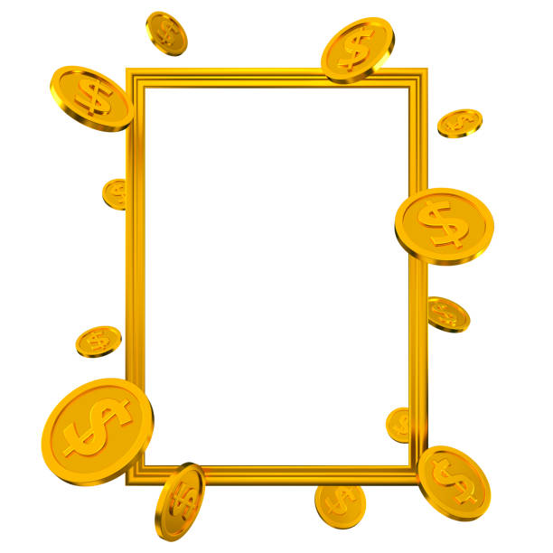 Golden frame with gold coins isolated. Dollar currency symbol mockup. 3d rendering