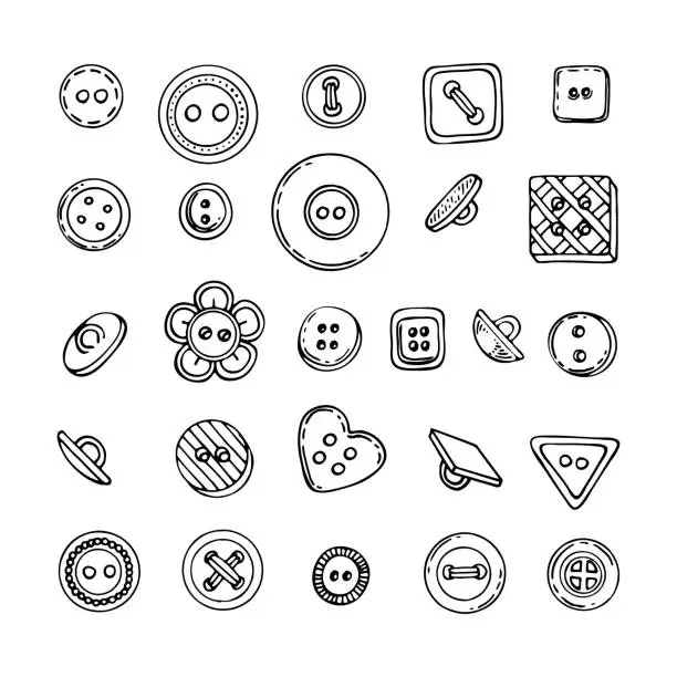 Vector illustration of Set sewing buttons line art. Sewing accessories clothes various shapes. Hand drawn vector illustration.