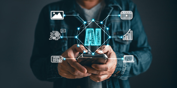 Man hold icon ai and use smartphone, Marketers education, research, analyze media video streaming content creation and online marketing strategies to grow their digital business.