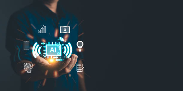 istock Man hold icon ai , Marketers education, research, analyze media video streaming content creation and online marketing strategies to grow their digital business. 2042837190