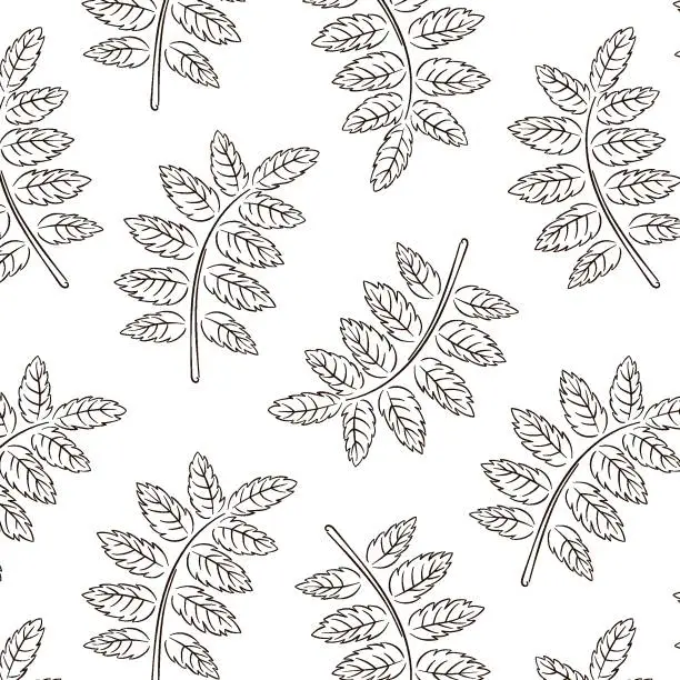 Vector illustration of Seamless pattern with rowan leaf in line art style. Abstract leaf texture for wallpaper, pattern fills, web page background. Vector illustration on a white background.