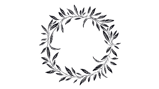 Foliage ink imprint. Grunge wreath of tree, texture leaves. Mediterranean silhouette, olive greek decor