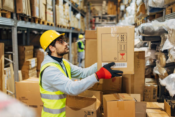 istock Side view of a worker removing cardboard boxes from a shelf in a warehouse and placing them on a hand truck 2042856206