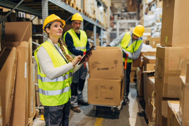 istock Three workers works in a warehouse, arranging cardboard boxes and packages 2042856909