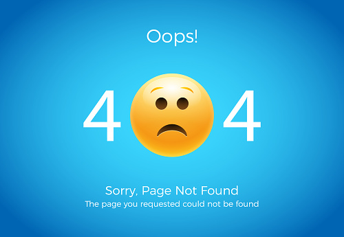 404 error page not found. Emoji sad smile. Vector illustration web design of 404 site page.