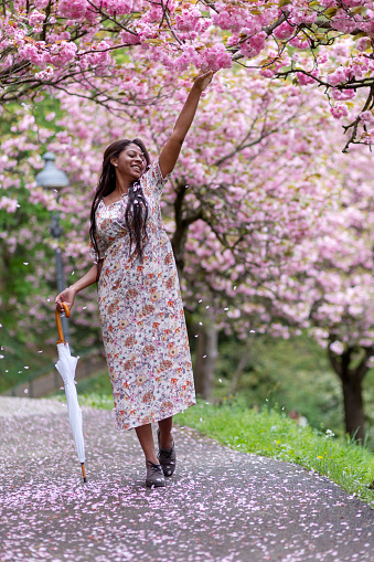 Petals of a pink terry sakura are showered on a mature beautiful African American woman in the park
