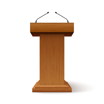 Tribune podium rostrum speech stand. Conference stage with microphone, press or debate speaker isolated orator pulpit.