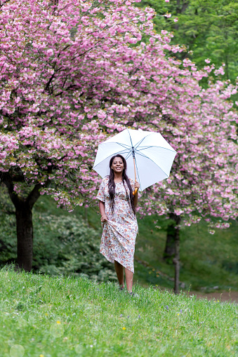 beautiful African American woman under a white umbrella against a background of cherry blossoms