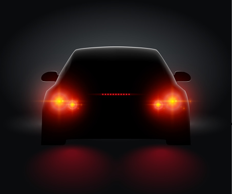 Car back view night light rear led realistic view. Car light in night dark background concept.