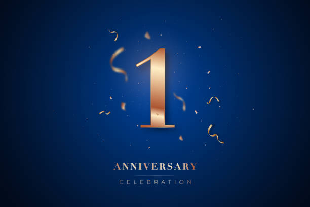 kartka z życzeniami z okazji 1. rocznicy. różowe złoto metalik numer 1 z błyszczącym konfetti na ciemnoniebieskim tle. zaprojektuj szablon dekoracji imprezy urodzinowej lub weselnej. - jeden przedmiot stock illustrations