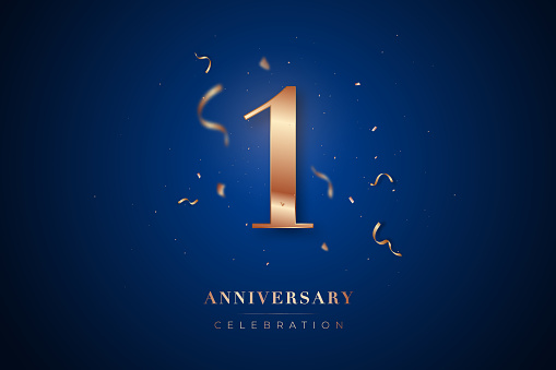1st Anniversary celebration greeting card. Rose Gold metallic Number 1 with sparkling confetti on dark blue background. Design template for birthday or wedding party event decoration.