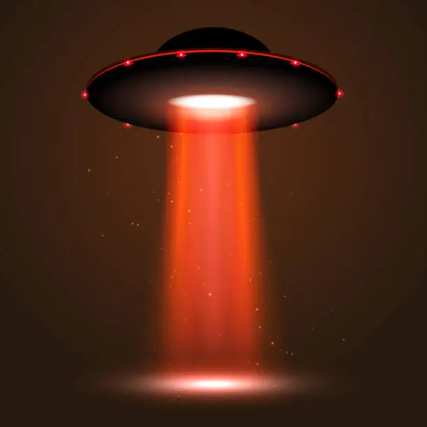 Vector illustration of UFO light beam. Alien transport futuristic bright light in dark. UFO spaceship isolated glow effect design