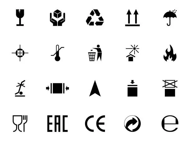 Vector illustration of Packaging symbols set. Packaging cargo icon. Caution signs for package: this side up, handle with care, fragile, keep dry, flammable and other symbols. Used on the box or packaging.