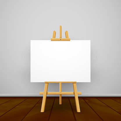 Wooden easel canvas board isolated stand in front wall. Blank empty vector easel poster billboard.