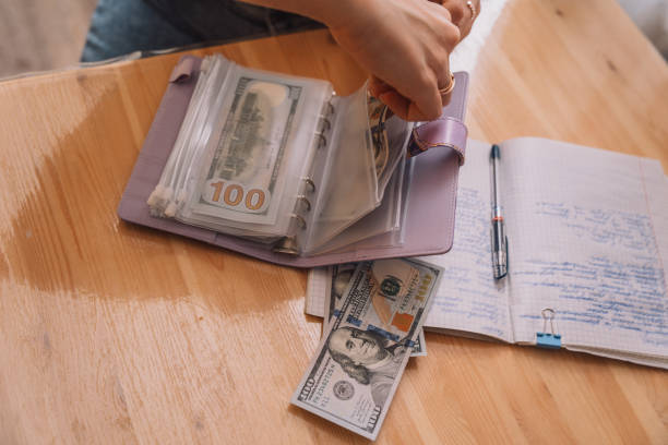 istock Distribution of money among different zip bags in a notepad 2042899939