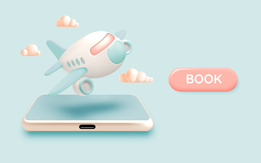 A smartphone advertisement design featuring a 3D airplane and clouds, inviting users to book their flights with a simple tap