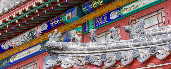 Decorated ceiling and wooden decoration in Xihuang Temple, Beijing, China