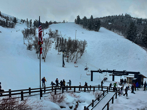 Skiers and snowboarders at the small northern Utah ski resort, Cherry Peak.