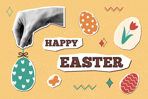 Happy easter card in new nostalgia style. Collage. Minimal card designs in retro style, vector illustration template.