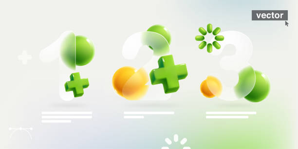 1, 2, 3 kroková infografika ve stylu glassmorphism s realistickým 3d zeleným přidáním, plus lékařský kříž, ikona načítání, koule. - znaménko plus stock ilustrace