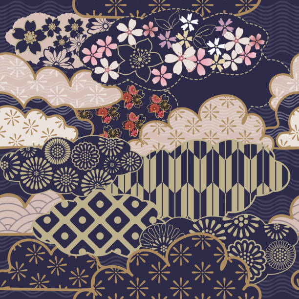 Japanese pattern collage. Textile patchwork design with floral and geometric elements. Traditional seamless background. Japanese pattern collage. Textile patchwork design with floral and geometric elements. Traditional seamless background. seigaiha stock illustrations