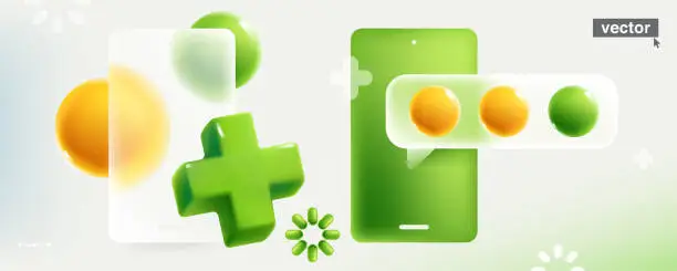 Vector illustration of Speech bubble symbol with realistic 3D green add, plus, medical cross, loading icon and sphere in glassmorphism style.