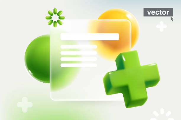 Transparent presentation screen in Glassmorphism style with realistic 3D green add, plus, medical cross, loading icon and spheres. Mate glass arrow with blur effect. Vector UI with glass overlay. math symbols 3d stock illustrations