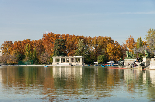 Pond next to the Monument to Alfonso XII of Spain, in the Retiro Park (Parque del Retiro) at Madrid city, Spain during autumn. Located in the center of Madrid near the Alcalá Gate, this public park is visited daily by thousands of local people and tourists.