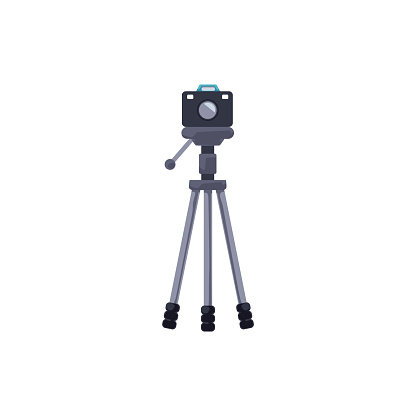 Digital camera on tripod. Vector illustration of a classic DSLR camera mounted on a simple, durable tripod, suitable for studio and outdoor photography
