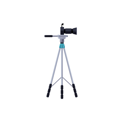 Professional video camera on tripod. Vector illustration of a high-end video camera equipped with a microphone on a durable, adjustable tripod for filmmaking