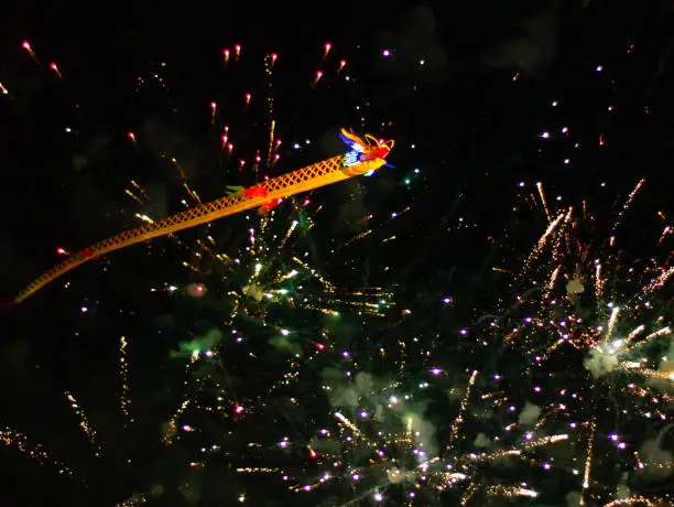 Chinese dragon weaving between the fireworks