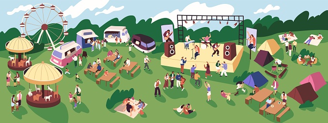 Funfair with food trucks, picnic tables panorama. People camping during open air music festival. Crowd fun on attractions, carrousel, ferris wheel. Musicians perform on satge. Flat vector illustration.