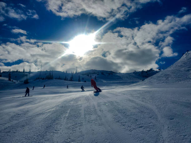 Brian Head, Utah, USA- February 19, 2024: Snowboarders on a groomed run. Brian Head ski resort, Utah.