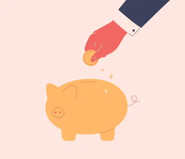 Vector illustration of Man saves money for future. Human hand putting coin into gold piggy bank. Investment literacy and personal budget concept