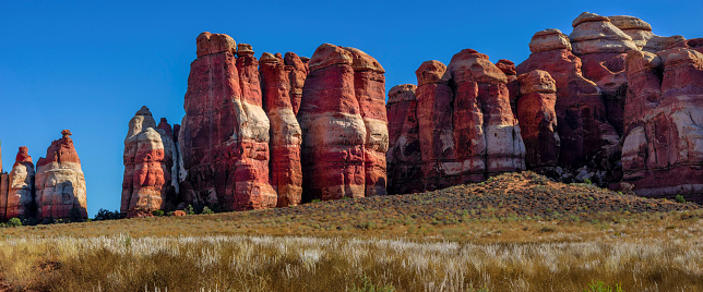 Panoramic image of the rock formations and vegetation found on the hiking trails in Sedona, Arizona.