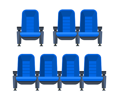 Blue movie theater seats for comfortable watching film. Cinema chair. Vector illustration.