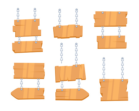 Wooden sign boards hanging from chain. Vector illustration.