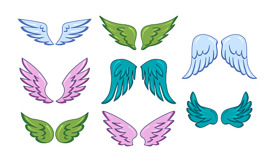 Colorful angel wings in various styles and hues, isolated on white.