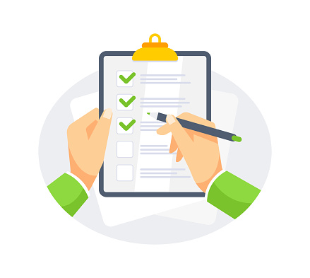 Hands holding clipboard with checklist with green check marks and pen. Vector illustration.