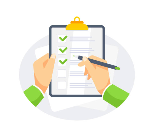 Hands holding clipboard with checklist with green check marks and pen. Vector illustration Hands holding clipboard with checklist with green check marks and pen. Vector illustration. person writing on notepad stock illustrations