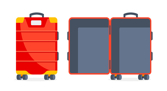 Bag travel. Empty open red suitcase. Plastic luggage. Vector illustration.