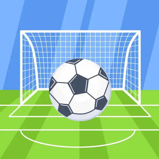 Vector illustration of Soccer ball on green field in front of goal post. Vector illustration