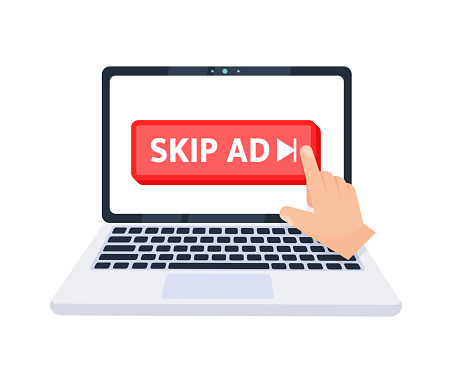 Hand pointer clicking on a skip ad button on a laptop screen. Vector illustration.