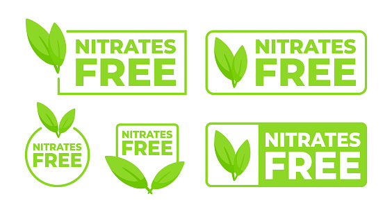 Set of green labels with a leaf design, prominently displaying Nitrates Free for health focused food and product packaging