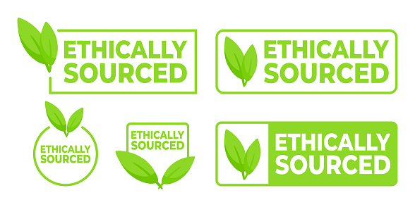 Set of green Ethically Sourced labels with leaf icons, for products responsible sourcing and corporate ethics