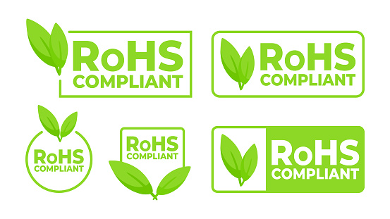 Green labels with a leaf icon indicating RoHS Compliant for electronics, promoting environmentally responsible manufacturing